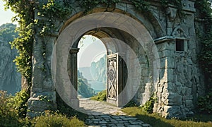 A stone archway with a door in the middle of a garden.