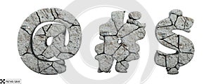 Stone arroba sign, hashtag sign, dollar sign. 3D render. Rock alphabet. Path save. photo