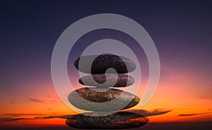 Stone Balance Sunset Background Tower Pebble on Rock Stack Perfect Pile Scene Free Space Sunrise Concept Peace Relax Nature