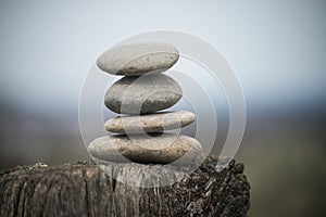 stone balance on a wooden fence in a field