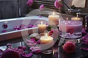 Stone bath in modern bathroom with rose petals and candles. Romantic atmosphere