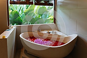 Stone bath tub with heart shaped flower petals near window with jungle view. Organic spa relaxation in luxury Bali