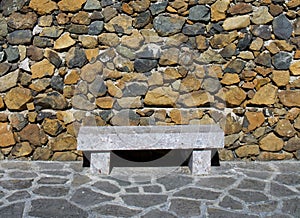 Stone bench against stone wall