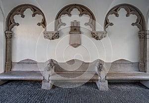 Stone Bench and Coat of Arms at the Old Town Hall - Bratislava, Slovakia