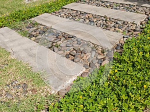 Stone block walk way in garden with green grass and rocks