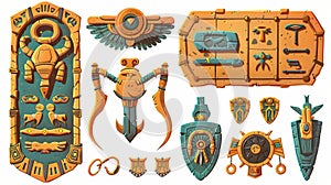 A stone board or clay tablet with Egyptian hieroglyphs and scarab beetles in cartoon style Modern illustration. Ancient