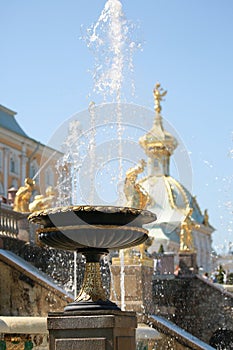 A stone bowl with gilding from the ensemble of the Grand Cascade on a sunny day, close-up. Peterhof