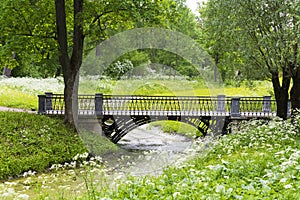 Stone bridge with an arch across the stream in the summer Park.