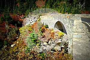 Stone bridge in fall colors, Mt. Rainier National Park