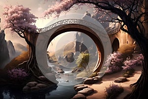 Stone bridge in fantasy landscape with blossoming trees and lake - 3d render