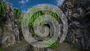 Stone bridge leading to an old fantasy cave entrance in a mountain. 3D render