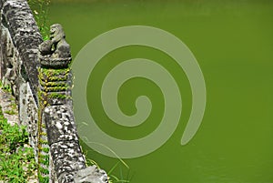 Stone bridge with lion and green pond