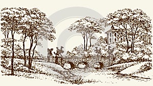 Stone Bridge in old park. Vector drawing