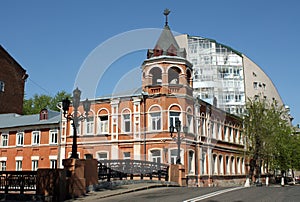 Stone bridge and old red building in Voronezh