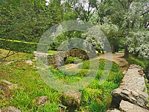 stone bridge over the pond Pavlovsk park summer day