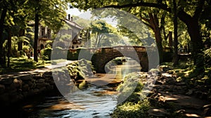 Stone bridge over the river in the park with green trees and bushes