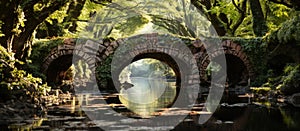 Stone bridge over the river in the park with green trees and bushes