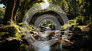 Stone bridge over the river in the park with green trees and bushes