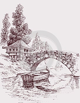 Stone bridge over river to a house cabin