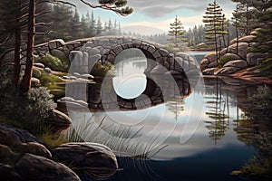 stone bridge over serene lake, with reflections and wildlife in the background