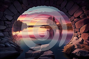 stone bridge over serene lake, with view of vibrant sunset in the distance
