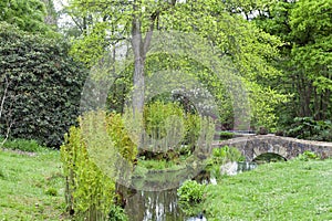 Stone bridge over stream in landscaped english garden