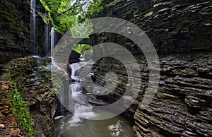 Stone bridge at Rainbow Falls in Watkins Glen State Park