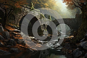 Stone bridge scene in forest. Generate ai