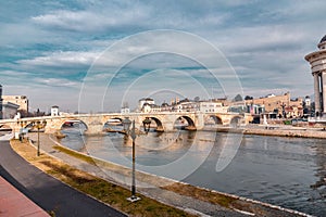 The Stone Bridge spanning the Vardar River in Skopje, North Macedonia