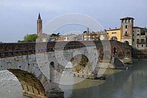 Stone bridge in Verona city and Adige river