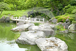 Stone bridge and water pond in Japanese zen garden