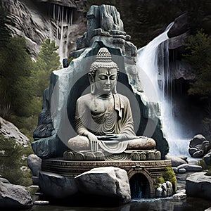 Stone Buddha Statue River Waterfall.