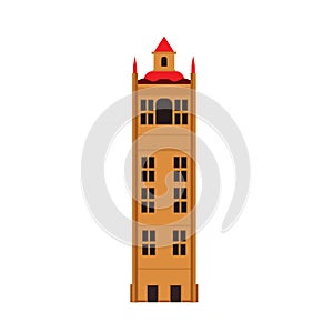 Stone building tower vector icon architecture city. Urban town cartoon cityscape flat exterior high castle fortress