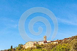 Stone buildings of, Brunello,Italy, against a blue sky