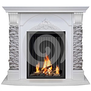 Stone burning fireplace isolated on white background