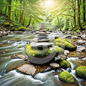 Stone Cairn In Flowing River