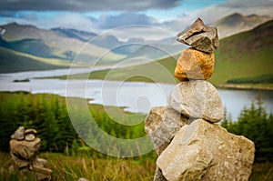 Stone cairn at loch loyne in Scotland