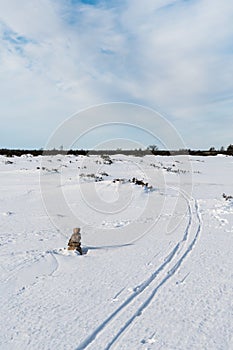 Stone cairn and ski tracks in a wintry landscape