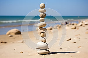 Stone cairn tower, poise stones, rock zen sculpture, light grey pebbles