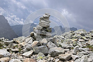 Stone cairns in Tatra mountains, Slovakia, harmony and balance under mount Rysy