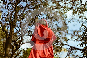 Stone carved buddhist statue clothed in a red bib at the famous Senso-ji temple in Asakusa, Tokyo, Japan