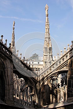 Stone-carved lace of sculptures and spires of the Cathedral, Milan, Italy