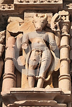 Stone carved Nandi Sculpture on Javari Temple. Khajuraho