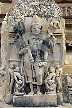 Stone carved relief in Hindu temple in Khajuraho, India. Unesco