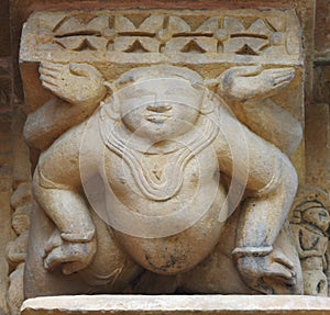 Stone carved relief in Hindu temple in Khajuraho, India. Unesco