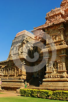 Stone carved sculptures on the tower in the ancient Brihadisvara Temple in the gangaikonda cholapuram, india.