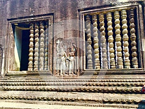 Stone carved wall. Bas relief.Angkor Wat . Hindu Temple . Cambodia.