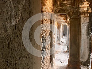 Stone carved wall. Inside Angkor Wat . Hindu Temple . Cambodia.