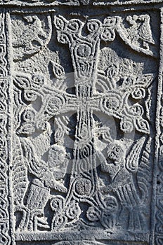 Stone carving - christian cross with mythical creatures,Armenia