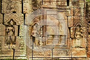 Stone carvings at the ruins of Ta Som temple in Siem Reap, Cambodia.